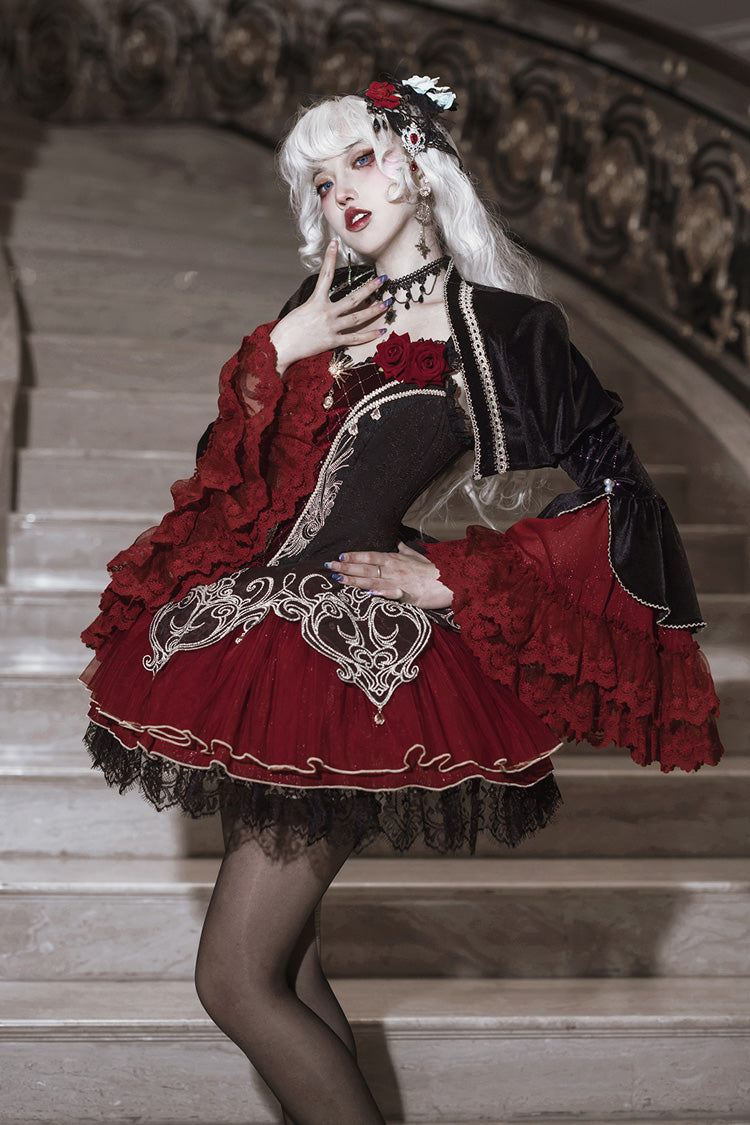 Black/Red [Blood Clan Feast] Ruffle Embroidery Lace Gothic Lolita Jsk Dress Set