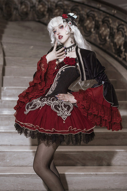 Black/Red [Blood Clan Feast] Ruffle Embroidery Lace Gothic Lolita Jsk Dress Set