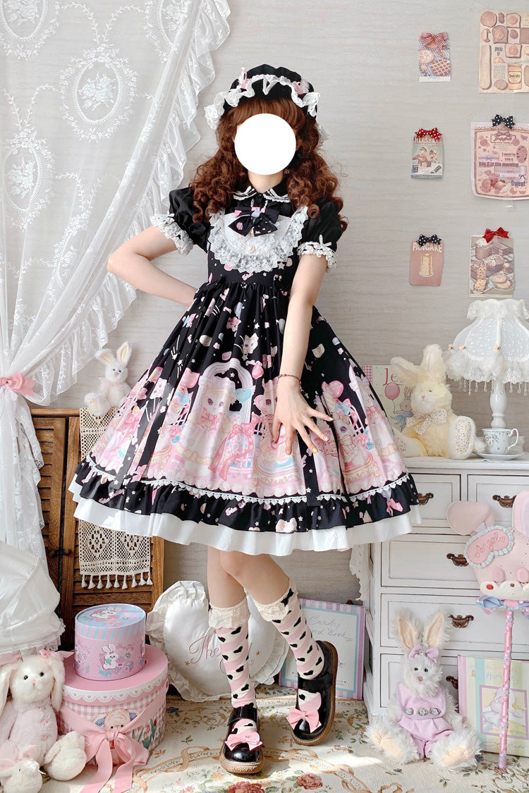 Black/Pink Cute Cat Print High Waisted Ruffle Bowknot Sweet Princess Lolita JSK Dress