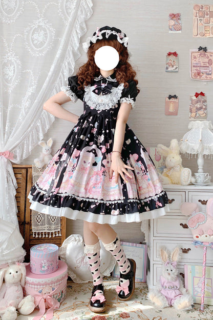 Black/Pink Cute Cat Print High Waisted Ruffle Bowknot Sweet Princess Lolita JSK Dress