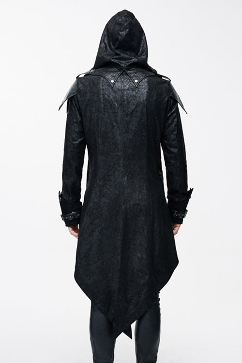 False Two Pieces Black Hooded Leather Long Mens Gothic Coats