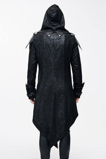 False Two Pieces Black Hooded Leather Long Mens Gothic Coats