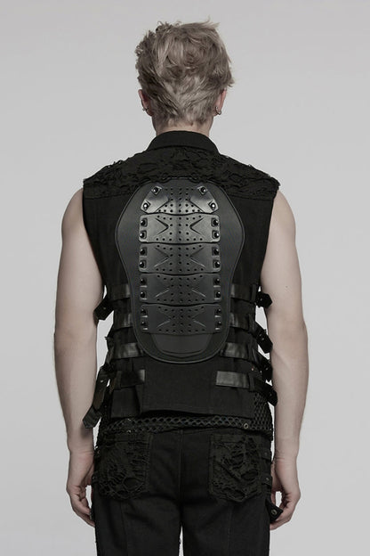 Black Stitching Mesh Rivet Buckle Men's Punk Vest