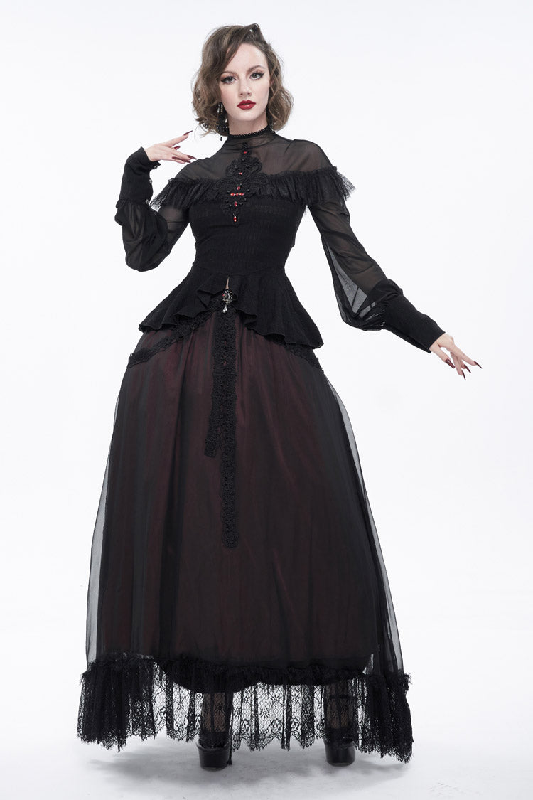 Black Retro Perspective Sexy Turtleneck Lace Panel Mesh Lantern Sleeve Women's Gothic T-Shirt