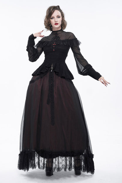 Black Retro Perspective Sexy Turtleneck Lace Panel Mesh Lantern Sleeve Women's Gothic T-Shirt