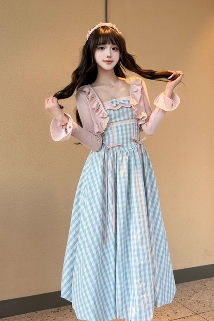 Blue [Sea Salt Strawberries] Sleeveless Plaid Print Bowknot Sweet Lolita Jsk Long Dress