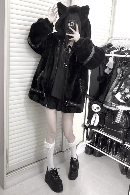 [Night Hunter] Cat Ear Long Sleeves Hooded Zippered Jirai Kei Coat 2 Colors