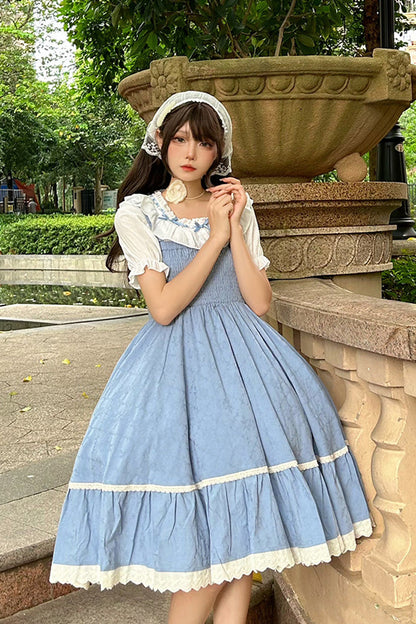 Blue Print Ruffle Stitching Lace Sweet Lolita Strap Dress Set