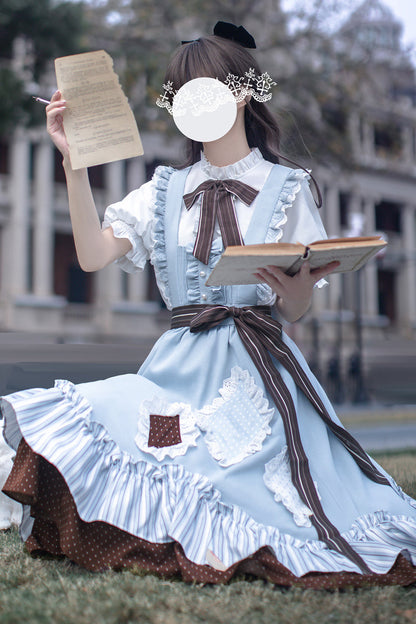 Blue [Magic Vocal Club] Sleeveless Print Ruffle Bowknot Sweet Alice College Style Elegant Lolita Jumper Dress