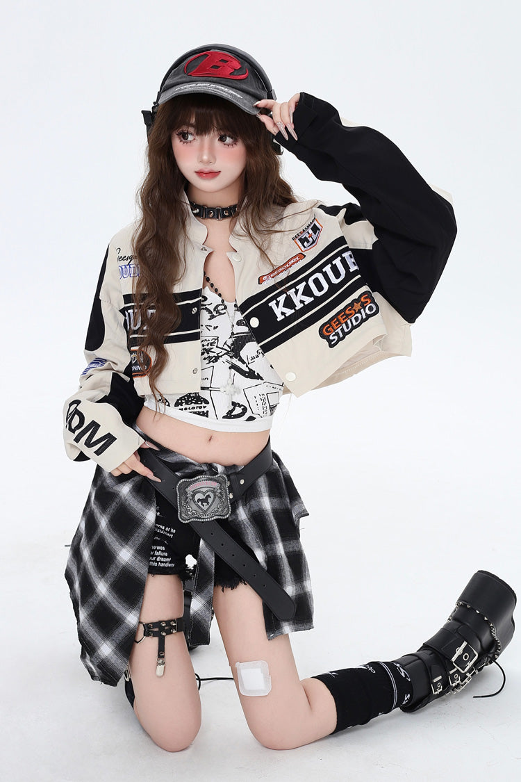 [Biker Girl] Long Sleeves Print Embroidery Zipper Detachable Jirai Kei Coat 3 Colors