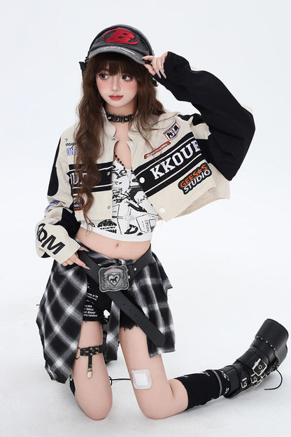 [Biker Girl] Long Sleeves Print Embroidery Zipper Detachable Jirai Kei Coat 3 Colors