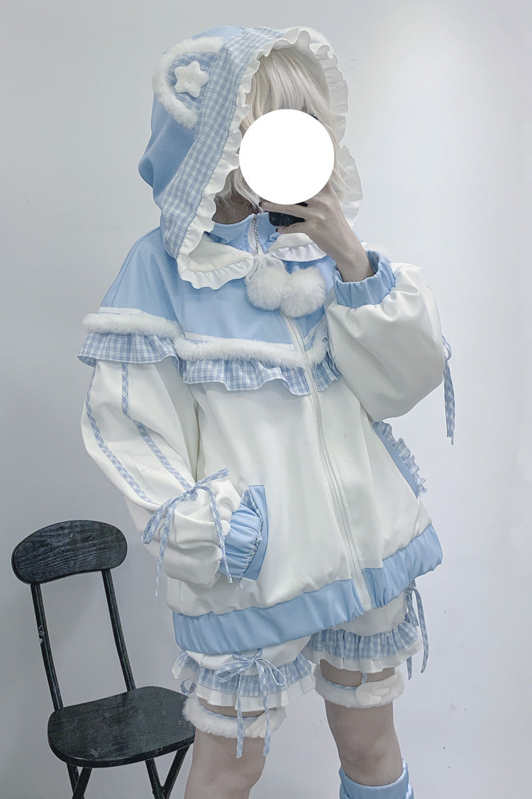 White/Blue [Sweet Star Bear] Long Sleeves Ruffle Hooded Japanese Jirai Kei Sports Coat