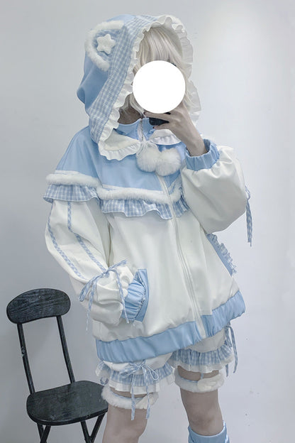 White/Blue [Sweet Star Bear] Long Sleeves Ruffle Hooded Japanese Jirai Kei Sports Coat