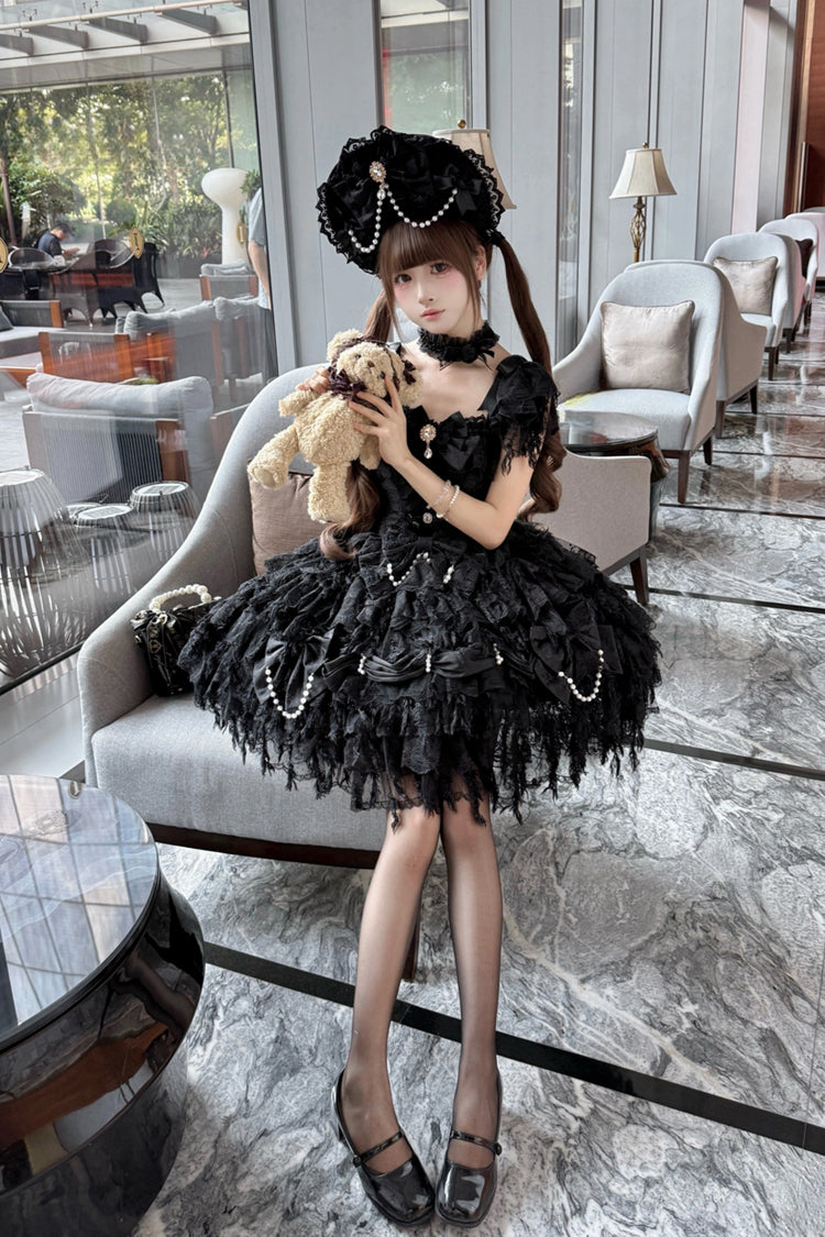 Black [Cloudborne Snowfeather] Sleeveless Multi-Layered Hanayome Bowknot Pearl Gothic Lolita Jsk Dress
