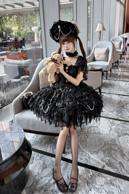 Black [Cloudborne Snowfeather] Sleeveless Multi-Layered Hanayome Bowknot Pearl Gothic Lolita Jsk Dress