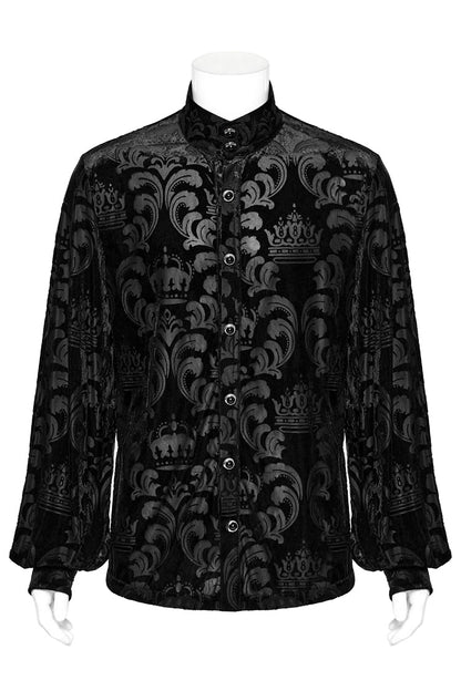 Black Stand Collar Puff Sleeves Jacquard Print Men's Gothic Blouse