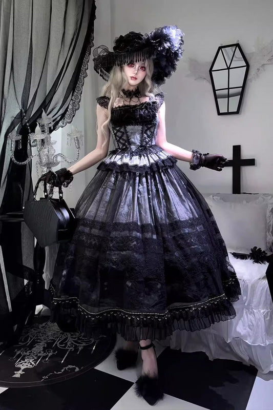 Grey/Blue [Mist-shrouded Vineyard] Sleeveless Ruffle Bowknot Lace-Up Sweet Lolita Jsk Skirt Dress Set