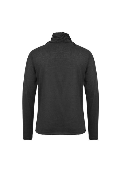 Black Ragged Turn-Down Collar Woolen Long Sleeve Irregular Hem Men's Punk T-Shirt
