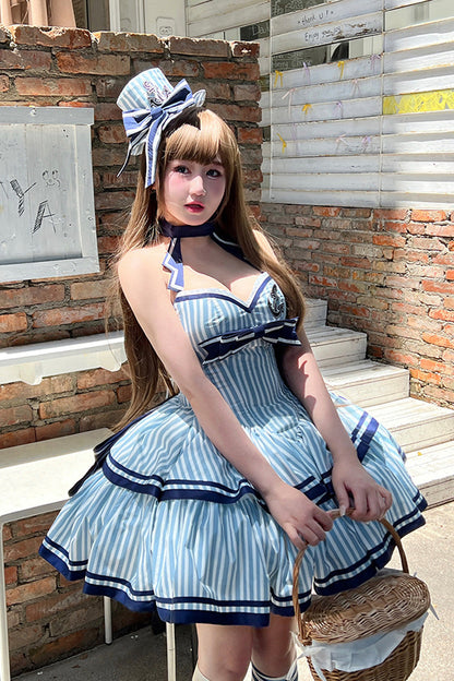 Blue [Sailing Sweetheart] Double-Layered Vertical Stripes Print Ruffle Bowknot Sweet Lolita Dress