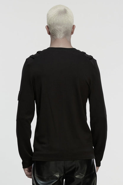 Black Round Collar Long Sleeves Cut-Out Spliced Mesh Men's Punk T-Shirt