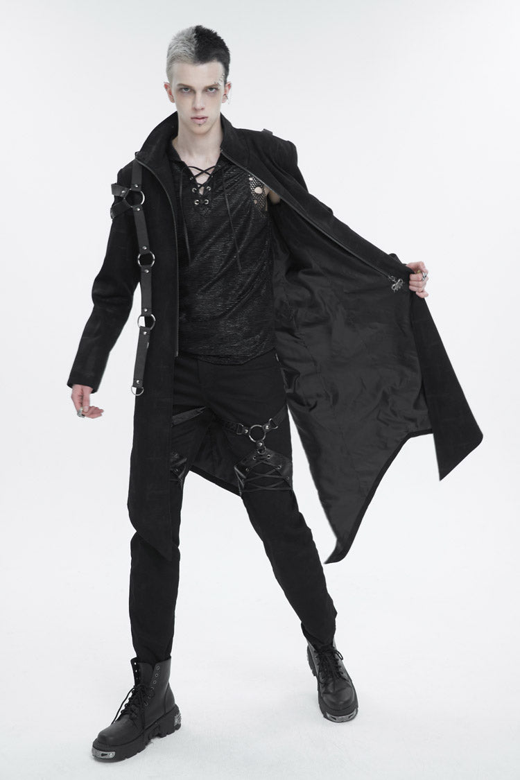 Black Stand Collar Asymmetric Hem Matching Shoulder Strap Long Men's Gothic Coat