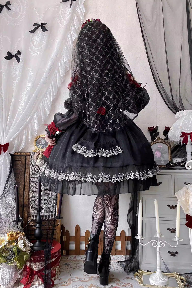 Black/Red [Perlia’s Night] Long Puff Sleeves Ruffled Open-Front Bow Lace Gothic Lolita Dress
