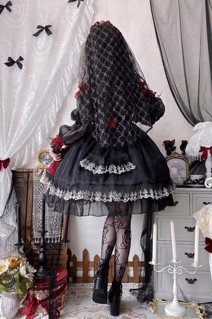 Black/Red [Perlia’s Night] Long Puff Sleeves Ruffled Open-Front Bow Lace Gothic Lolita Dress