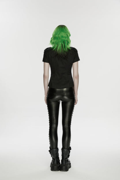 Black Studded Women's Punk  Drawstring Leggings