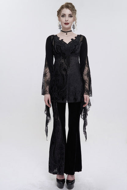 Black V-Neck Beading Lace Flared Cuffs Floral Hip Covered Long Sleeves Women's Gothic T-Shirt