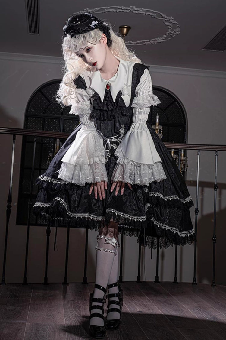 Black [Night Rose] Ruffle Bowknot Lace-Up Short Front and Long Back Gothic Gorgeous Lolita Jsk Dress