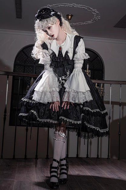 Black [Night Rose] Ruffle Bowknot Lace-Up Short Front and Long Back Gothic Gorgeous Lolita Jsk Dress