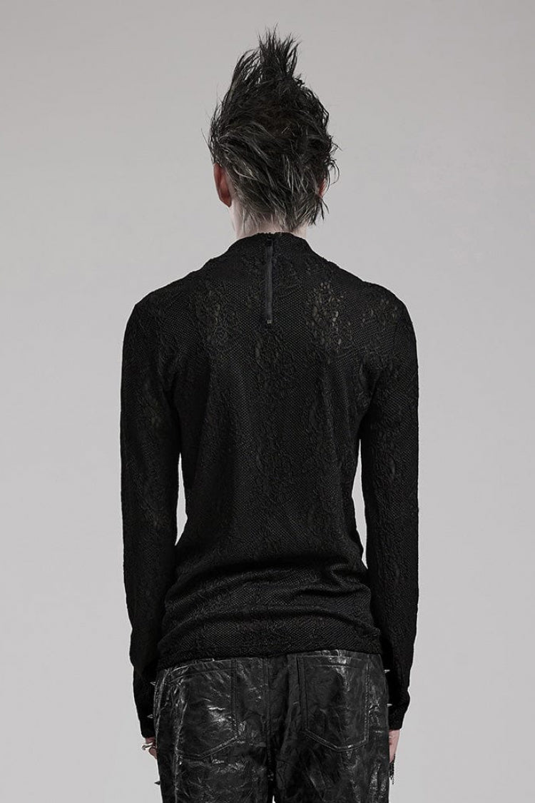 Black Round Collar Long Sleeves Jacquard Symmetrical Rope Mens Gothic T-Shirt