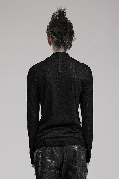 Black Round Collar Long Sleeves Jacquard Symmetrical Rope Mens Gothic T-Shirt