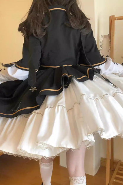 Black/White [Commander] Long Sleeves Ruffle Bowknot Irregular Sweet Lolita Dress Coat Cloak Set