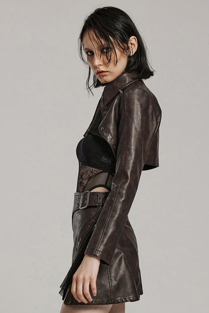 Brown Lapel Collar Long Sleeves Stitching Women's Faux Leather Punk Short Jacket