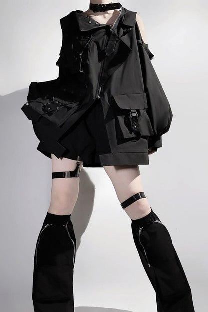 Black Techwear Long Sleeves Hooded Zippered Ouji Gothic Cool Lolita Set