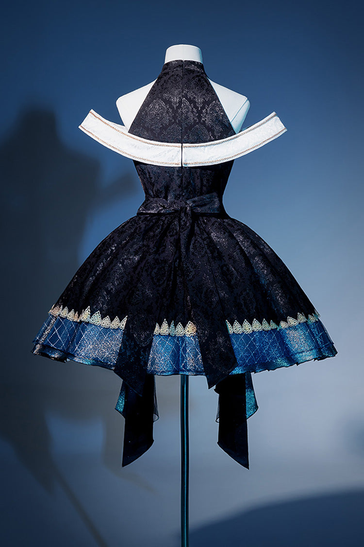 Black/Blue [Universe] Off Shoulder Halterneck Sleeveless Print Embroidery Cardigan Gothic Princess Lolita Dress