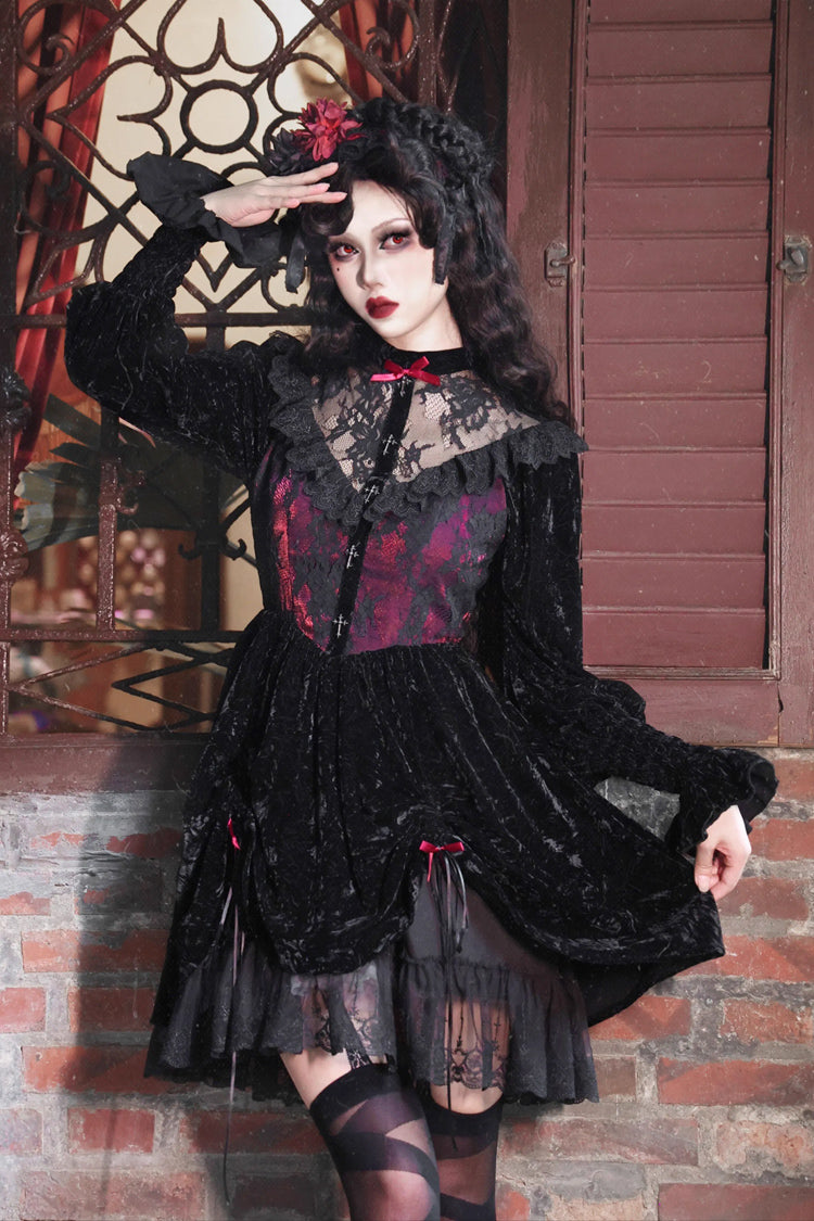Black/Red [Rose Cemetery] Long Puff Sleeves Hollow Lace Gothic Lolita Dress