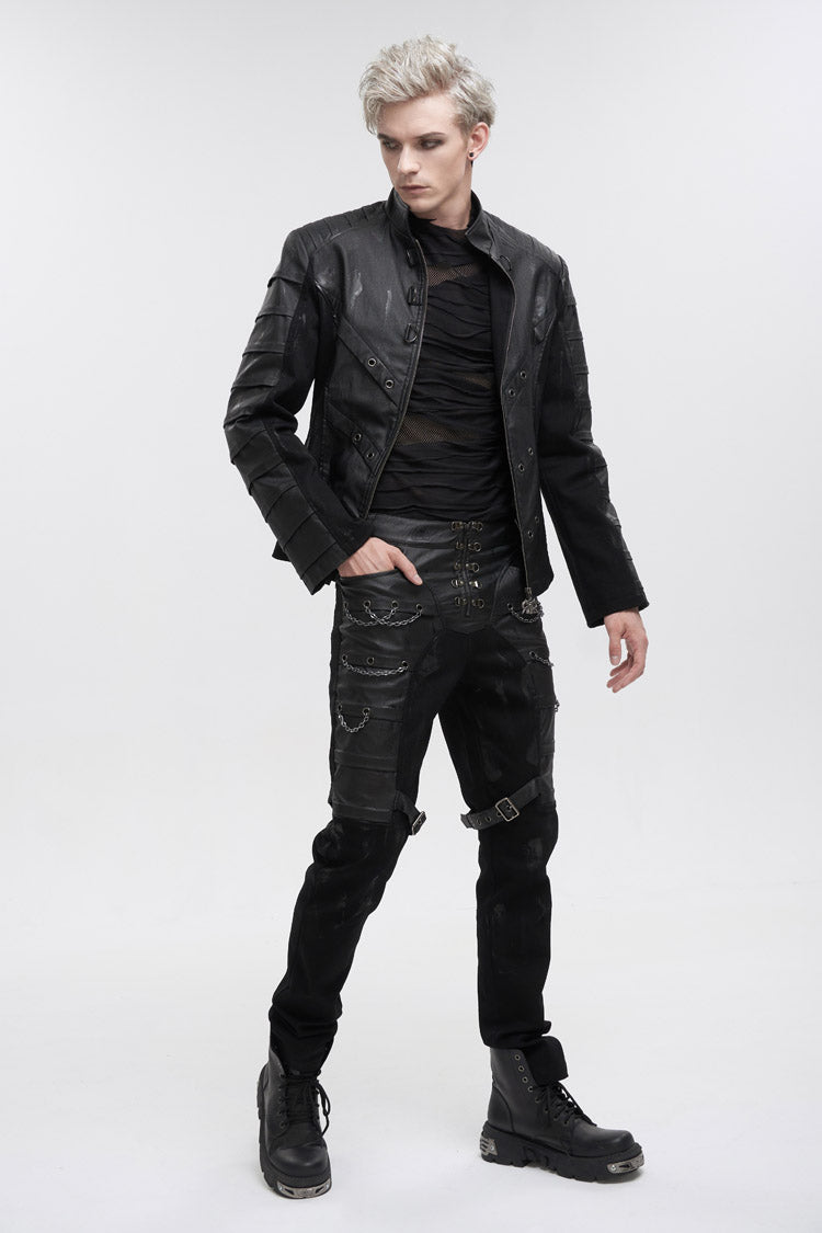Black Stand Collar Stretch Faux Leather Twill Woven Men's Punk Jacket