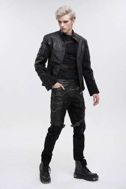 Black Stand Collar Stretch Faux Leather Twill Woven Men's Punk Jacket