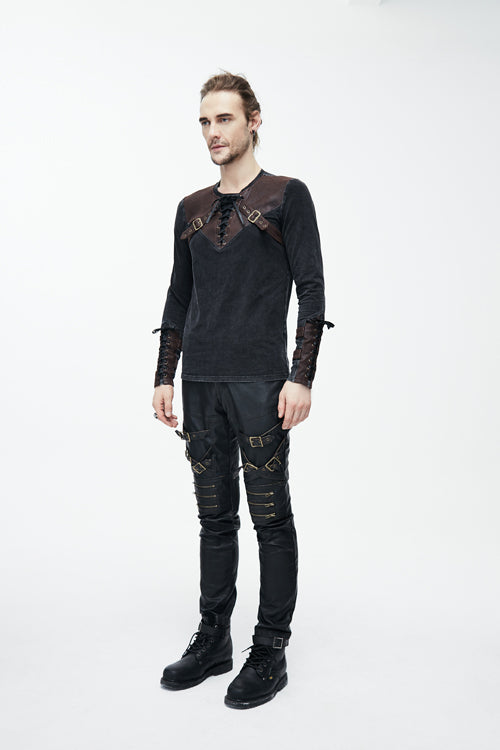 Brown Long Sleeves Designer Mens Punk T-Shirt