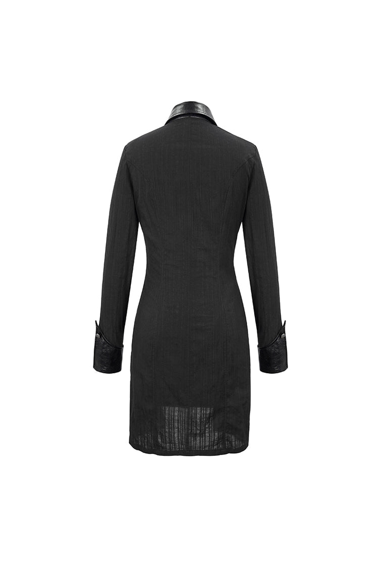 Black Vertical Suture Texture Leather Metal Buckle Design Decoration Long Women's Punk Shirt