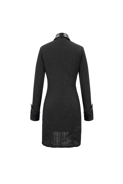 Black Vertical Suture Texture Leather Metal Buckle Design Decoration Long Women's Punk Shirt