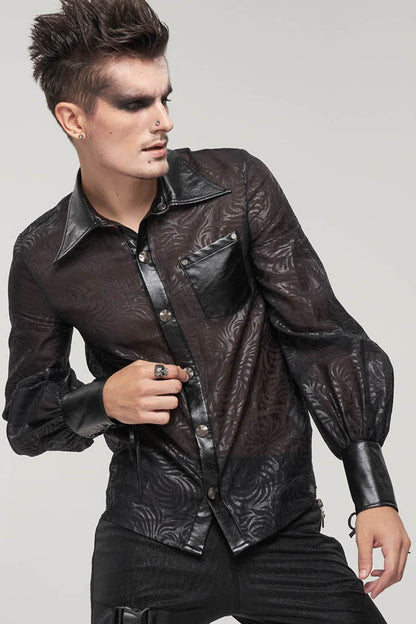Black Punk Vertical Pattern Printing Cuff Drawstring Decoration See-Through Men's Shirt