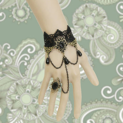 Black Retro Christmas Festive Lace Edge Pearl Wishing Female Gothic Lolita Ring Bracelet
