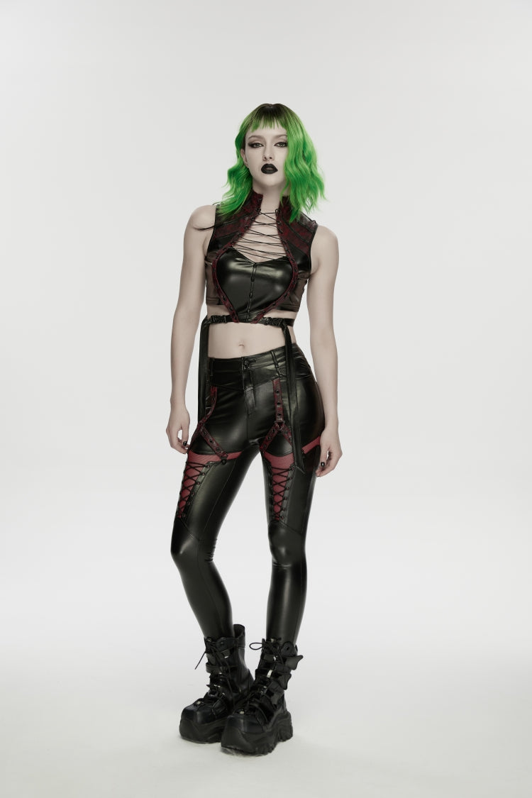Black/Red Cut-Out Spliced Eyelet Mesh Women's Punk Leggings
