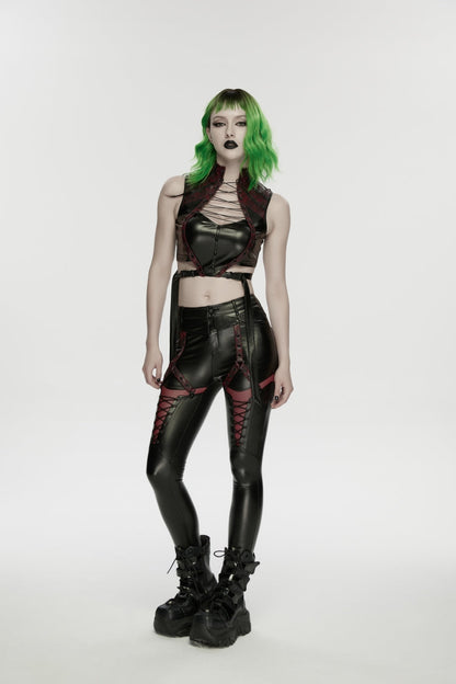 Black/Red Cut-Out Spliced Eyelet Mesh Women's Punk Leggings