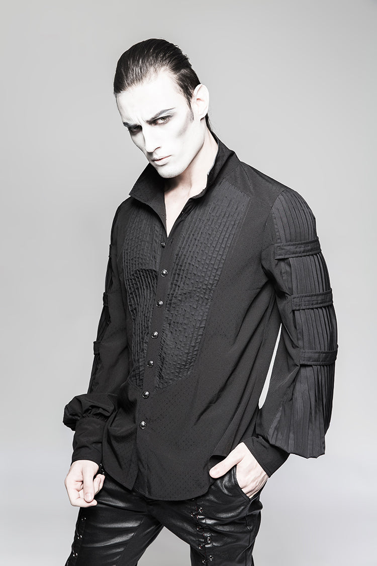 Black Stripes Long Sleeves Print Mens Gothic Blouse With Necktie