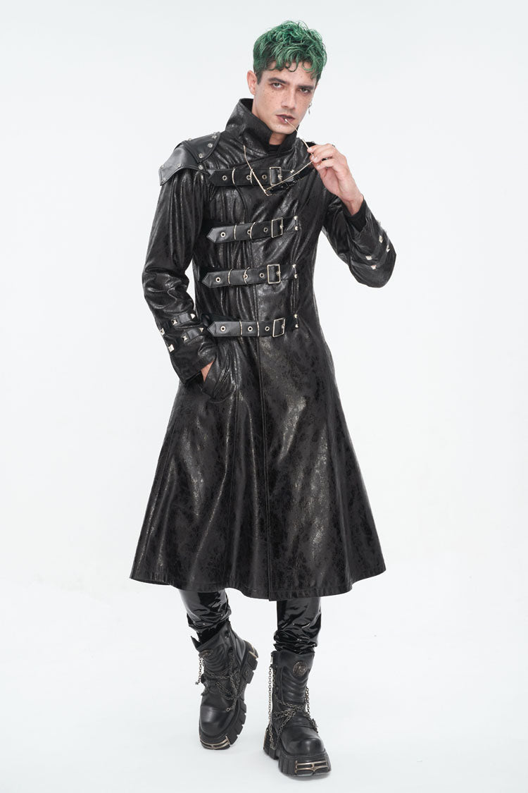 Black Stand Collar Multi Buckle Faux Long Leather Men's Punk Coat