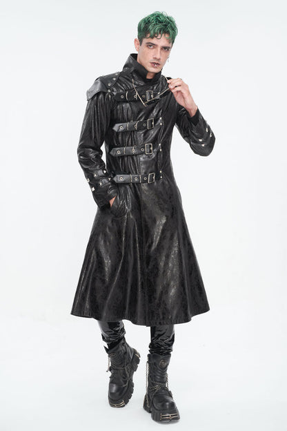 Black Stand Collar Multi Buckle Faux Long Leather Men's Punk Coat